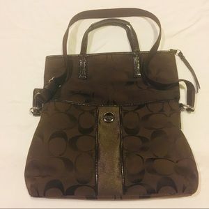 Coach chocolate brown jacquard fold over tote